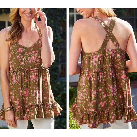 Matilda Jane Sz M Brown Pink Floral Print Ruffle Criss Cross Back Tank Top Women - Picture 1 of 16